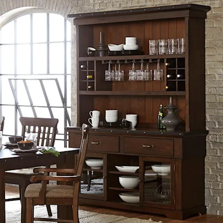Industrial Dining Buffet and Hutch with Exposed Rivets and Built-In Wine Storage